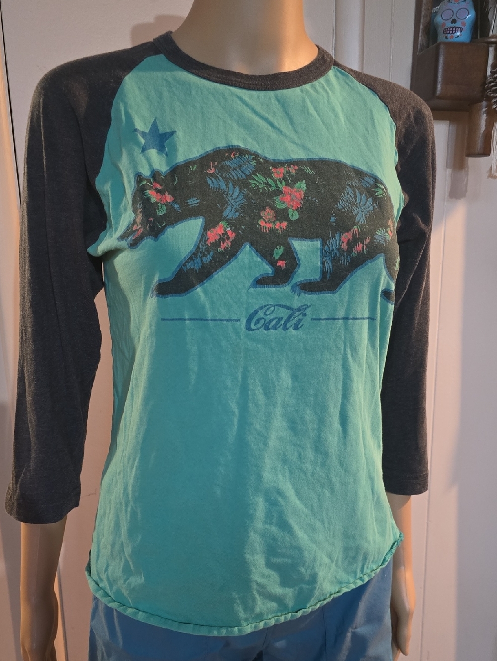 Floral  California Bear Graphic Raglan Tee in Teal & Charcoal